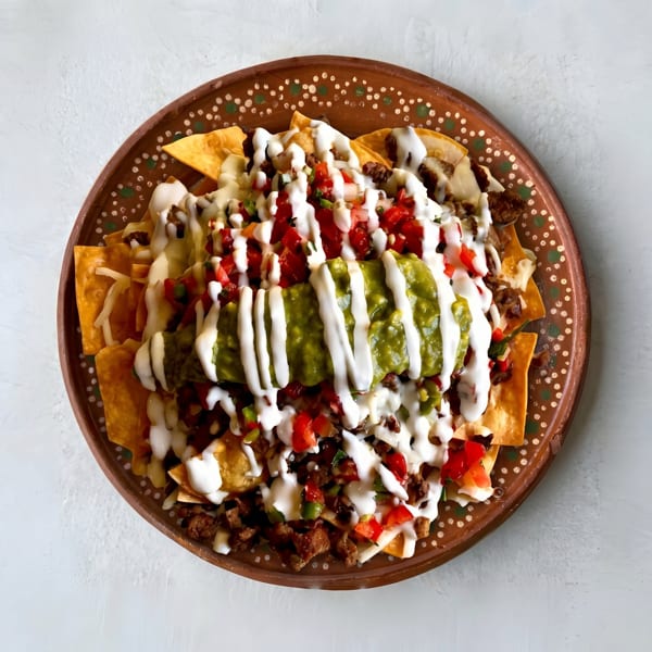 Overhead view of a plate of nachos with guacamole, pico de gallo, and sour cream.