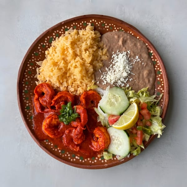 A vibrant Mexican dish with shrimp in red sauce, rice, refried beans, and a fresh salad.
