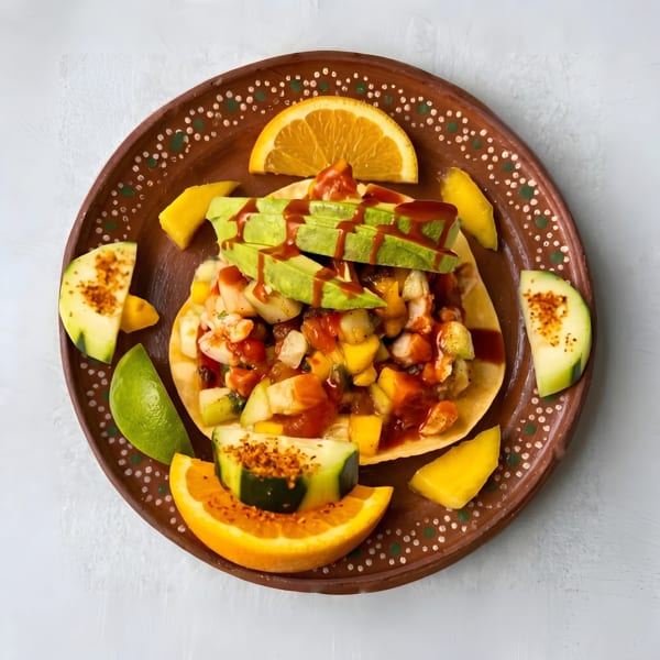 Tostada with shrimp, mango, avocado, and hot sauce, garnished with fruit on a brown plate.