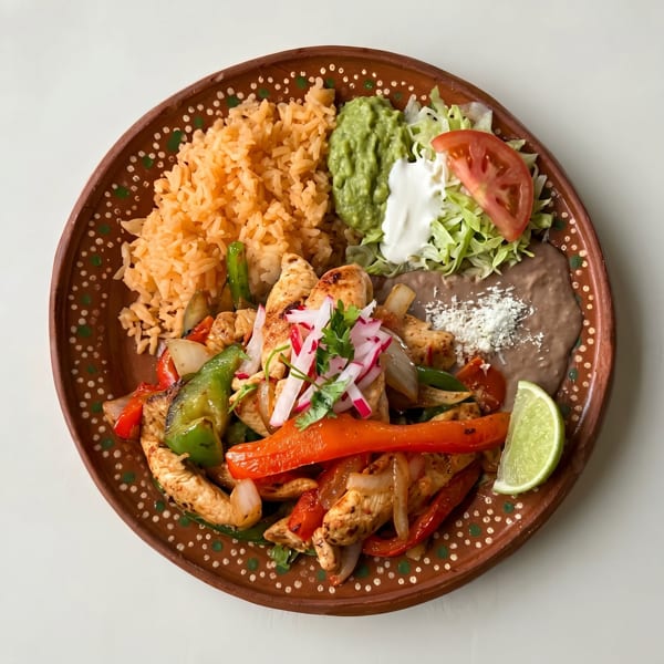 Chicken fajitas with rice, refried beans, guacamole, sour cream, and a lime wedge.