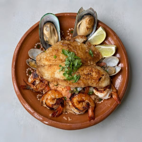 A clay plate holds grilled fish fillets, shrimp, mussels, clams, rice, and lime wedges.