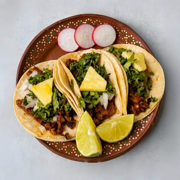 Three al pastor tacos with pineapple, cilantro, and onions, served with lime and radishes.